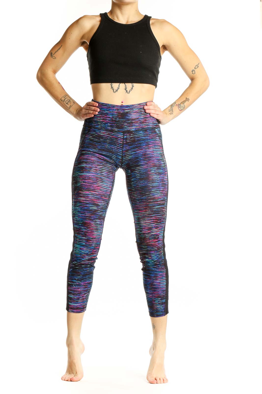 Front view of Athleta multicolor space-dye cropped leggings with black side panels
