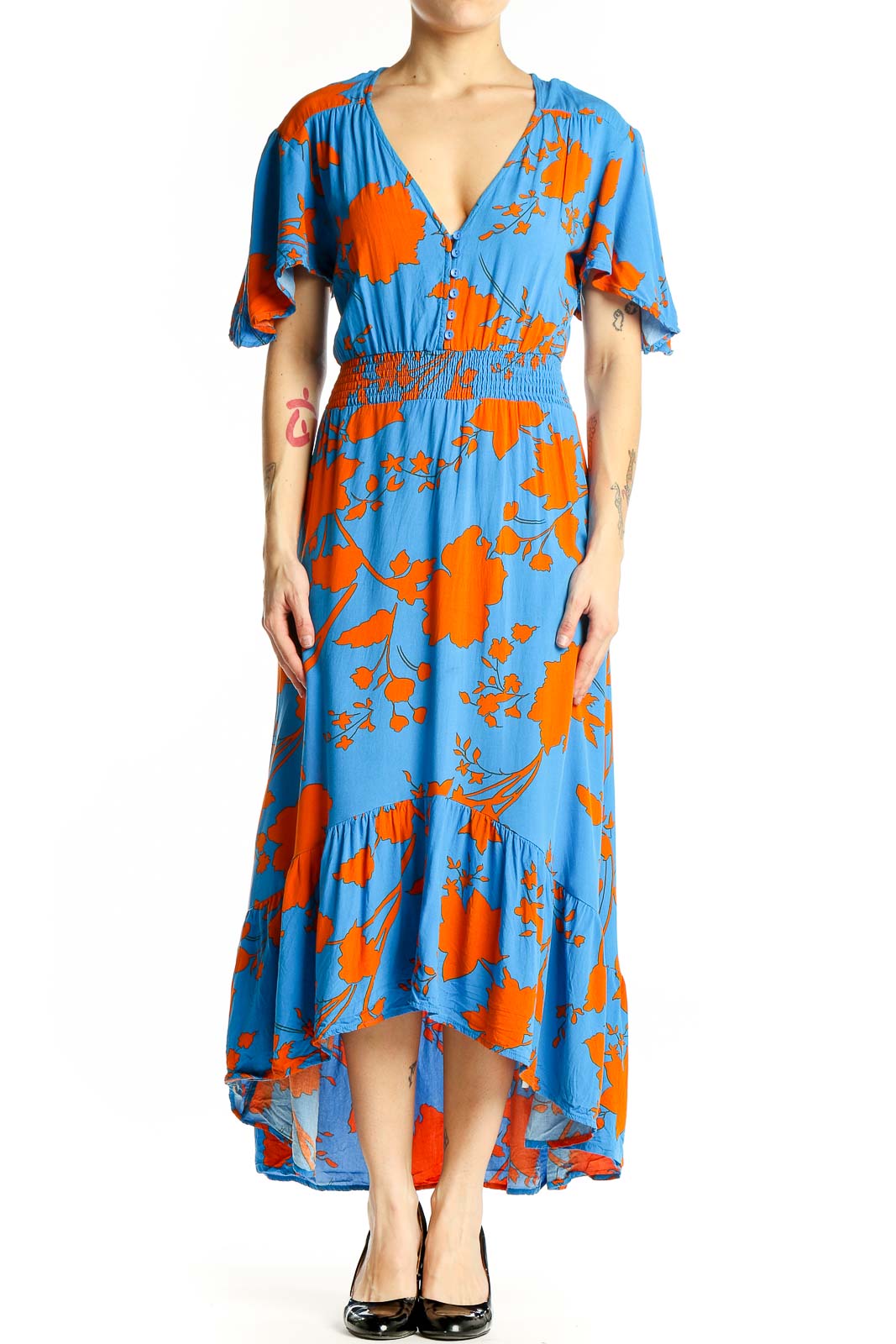 Front view of blue and orange floral maxi dress with V-neck and flutter sleeves