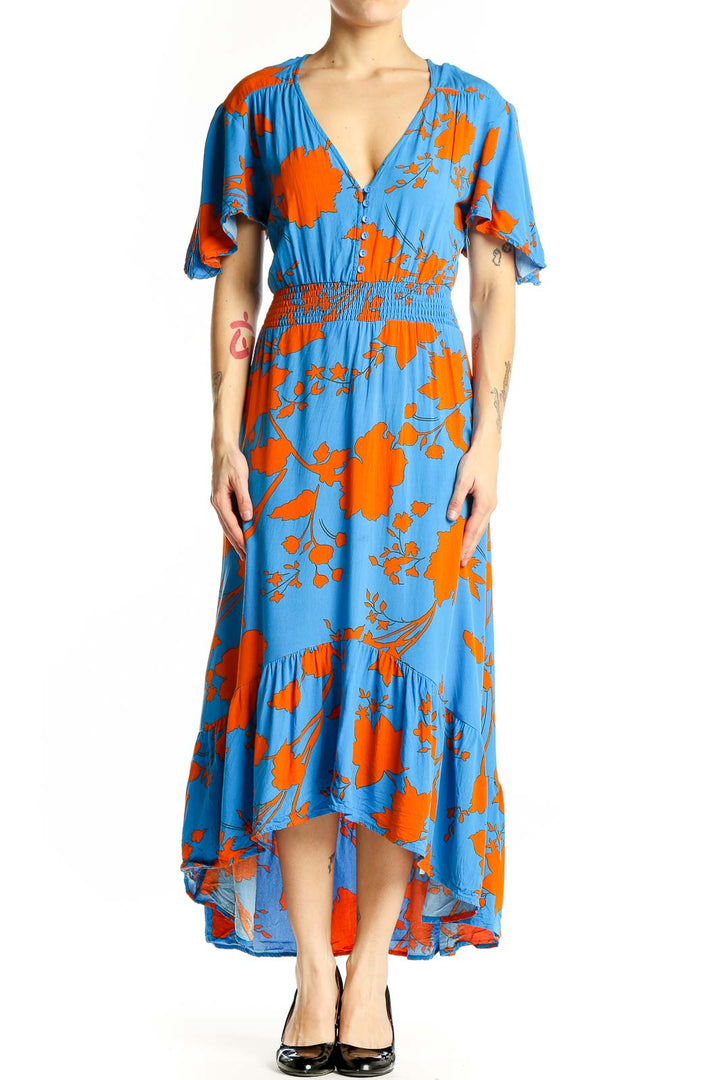 Front view of blue and orange floral maxi dress with V-neck and flutter sleeves