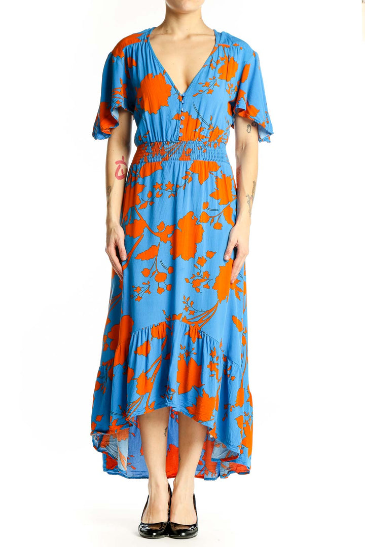 Front view of blue and orange floral maxi dress with V-neck and flutter sleeves