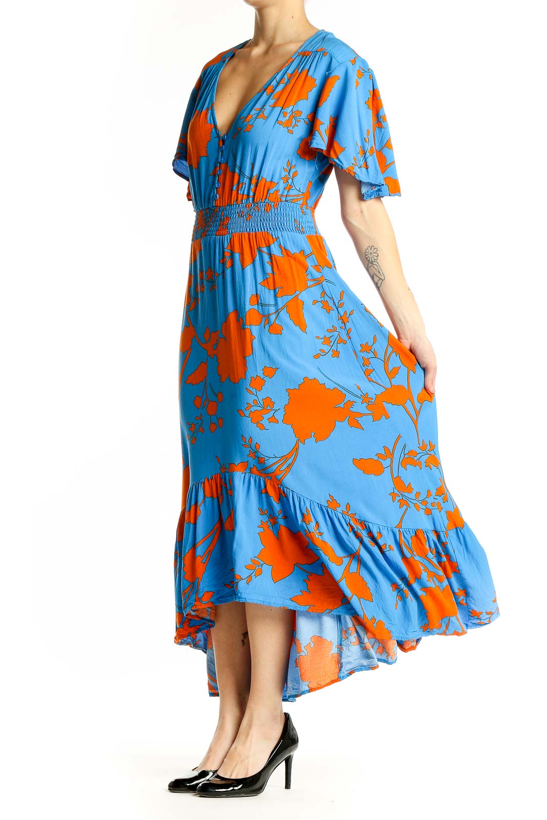 Front view of blue and orange floral maxi dress with V-neck and flutter sleeves