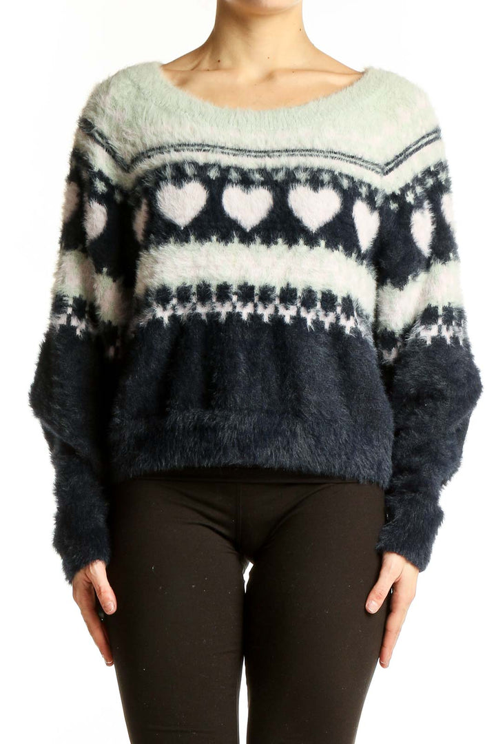 Front view of Victoria's Secret navy and white heart pattern fuzzy sweater
