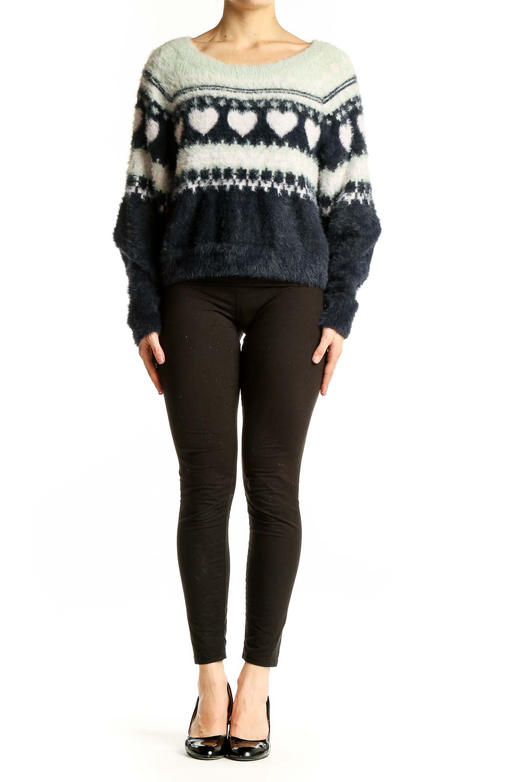 Front view of Victoria's Secret navy and white heart pattern fuzzy sweater