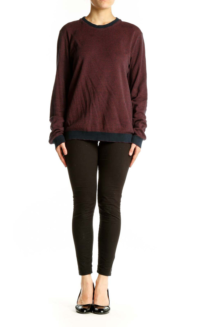 Front view of Ted Baker London burgundy textured long sleeve top with navy trim