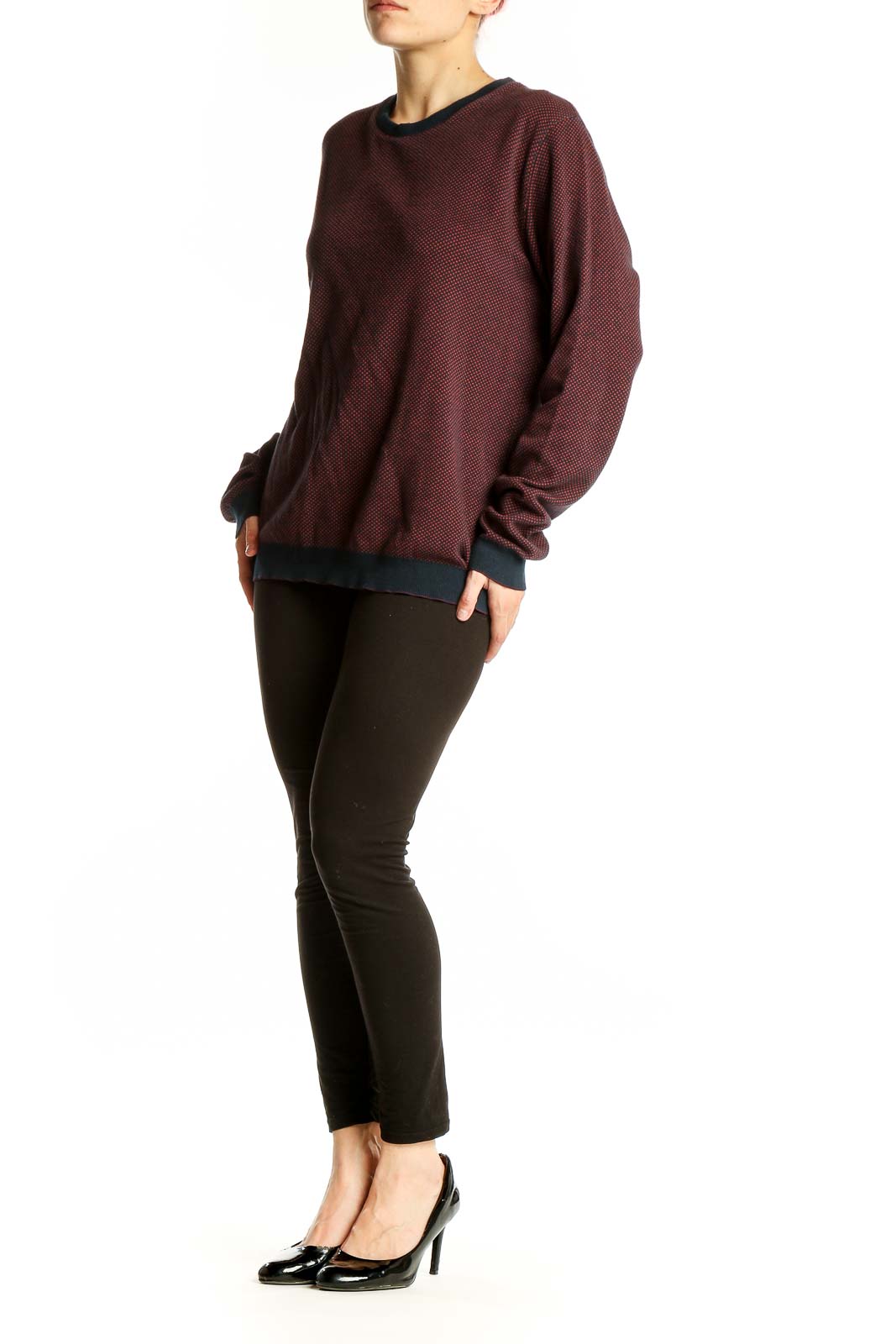 Front view of Ted Baker London burgundy textured long sleeve top with navy trim