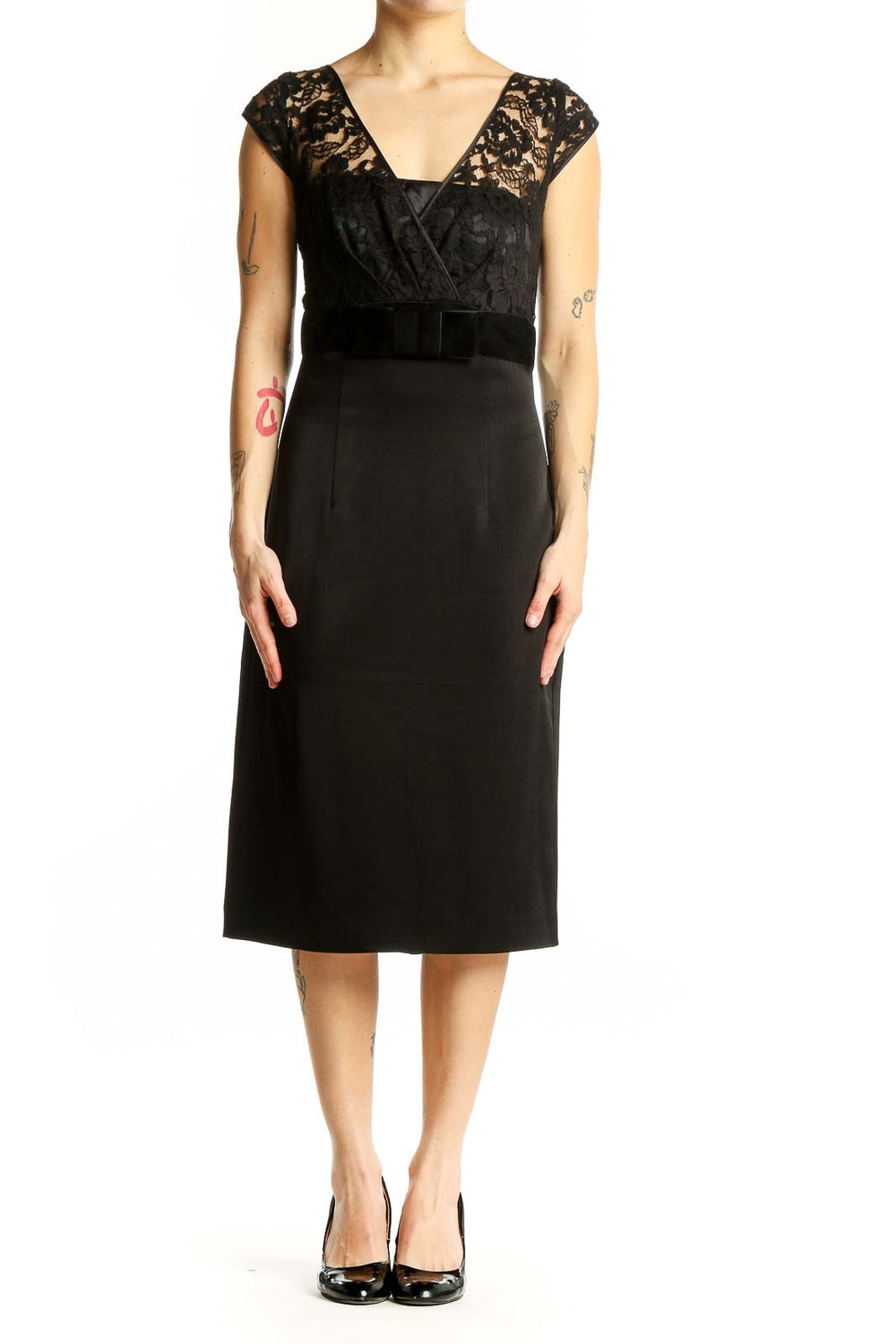 Front view of Banana Republic black lace cocktail dress with satin skirt