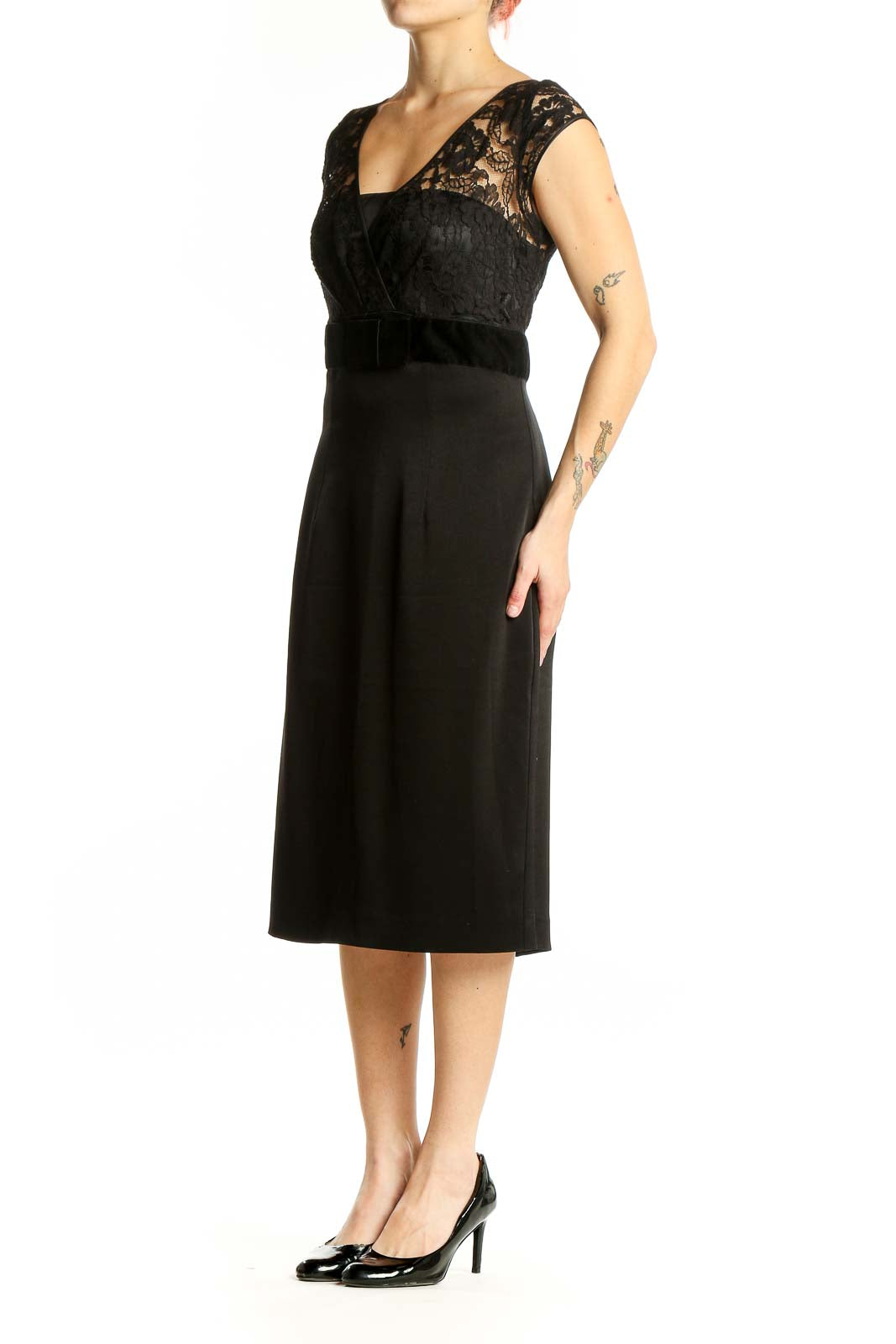 Front view of Banana Republic black lace cocktail dress with satin skirt