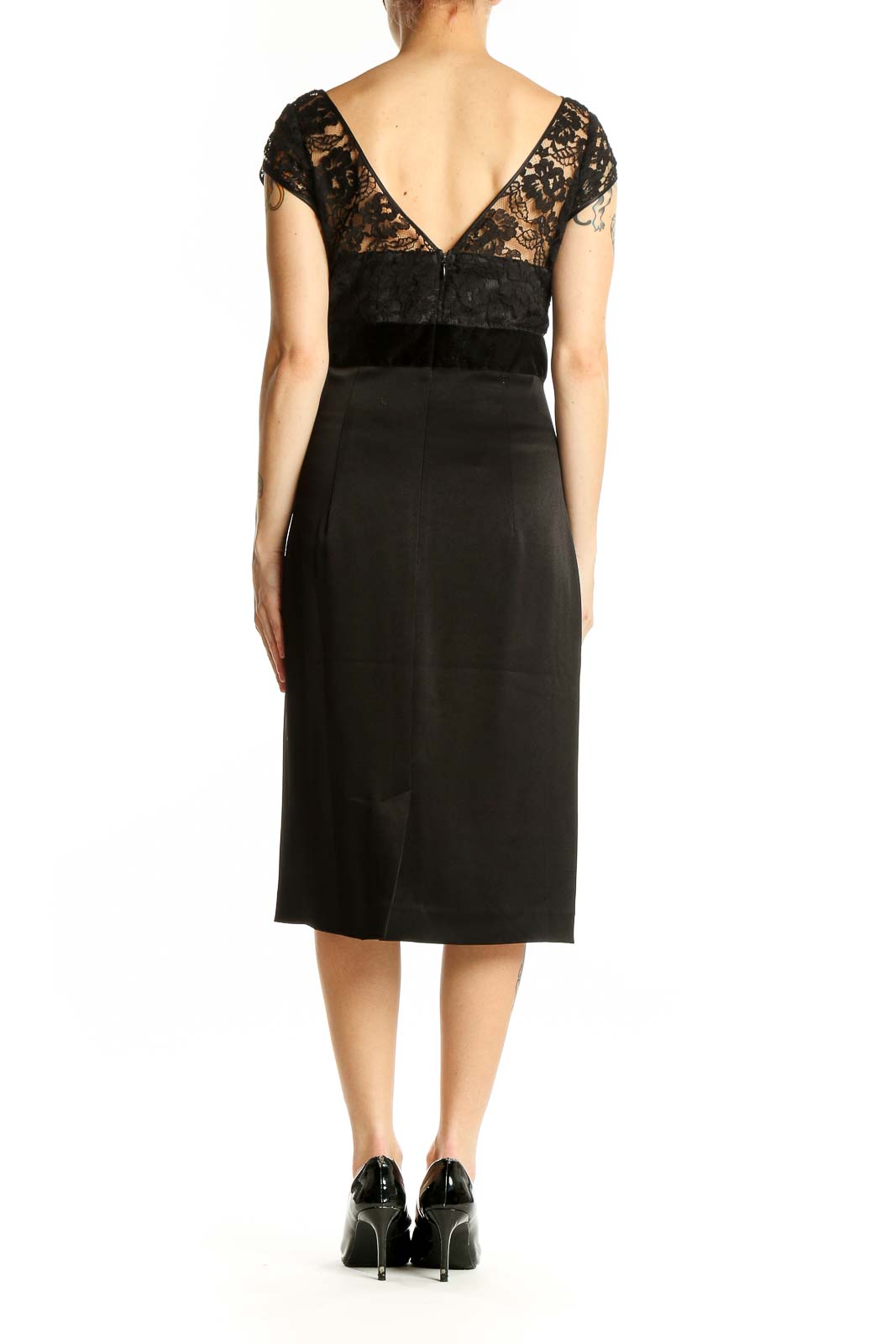Side view of Banana Republic black lace cocktail dress showing velvet waistband
