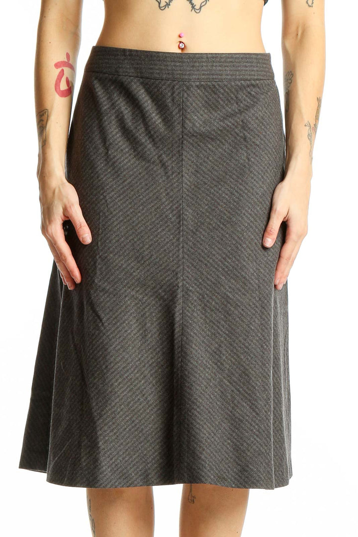 Front view of Theory gray wool blend A-line skirt with diagonal stripes
