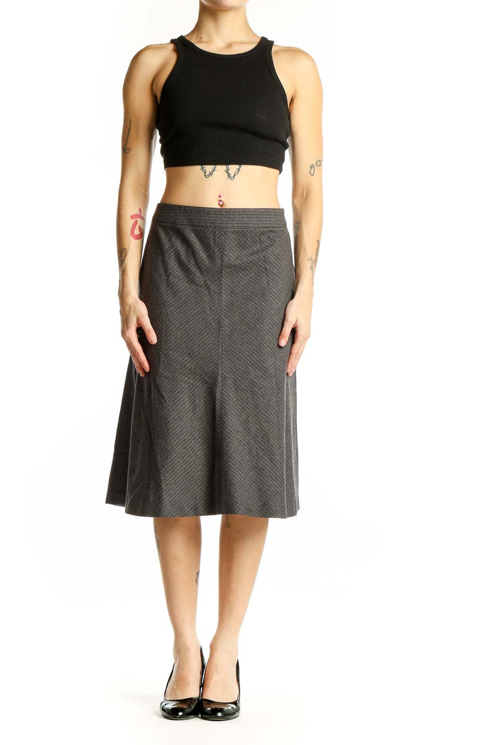 Front view of Theory gray wool blend A-line skirt with diagonal stripes
