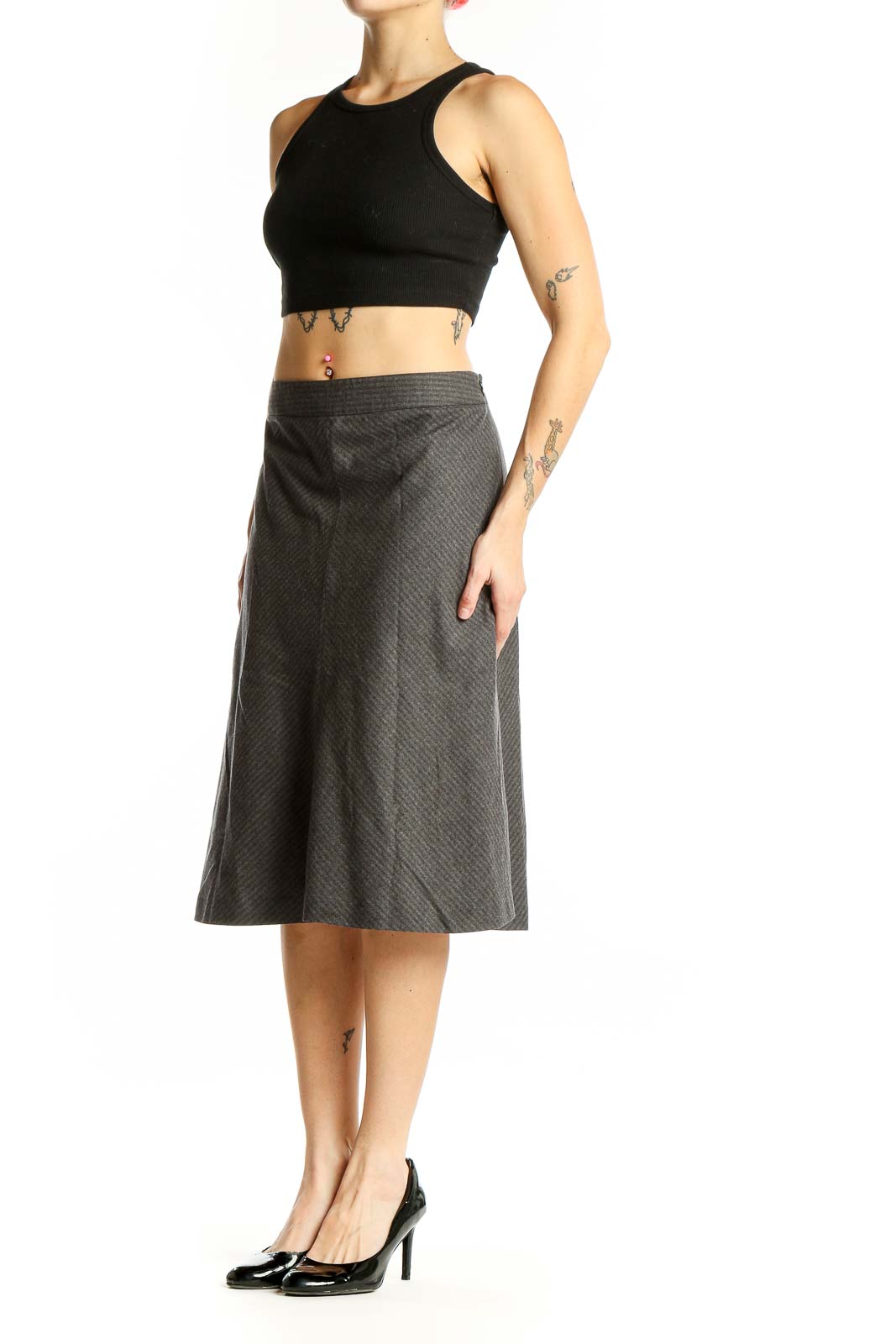 Front view of Theory gray wool blend A-line skirt with diagonal stripes
