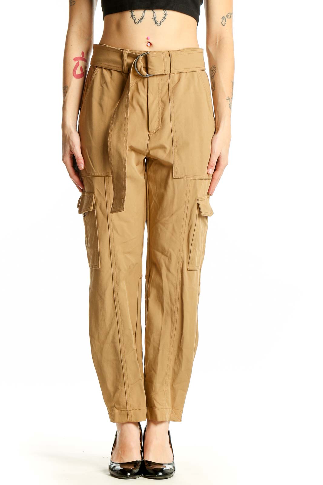 Front view of Banana Republic khaki cargo pants with belted waist