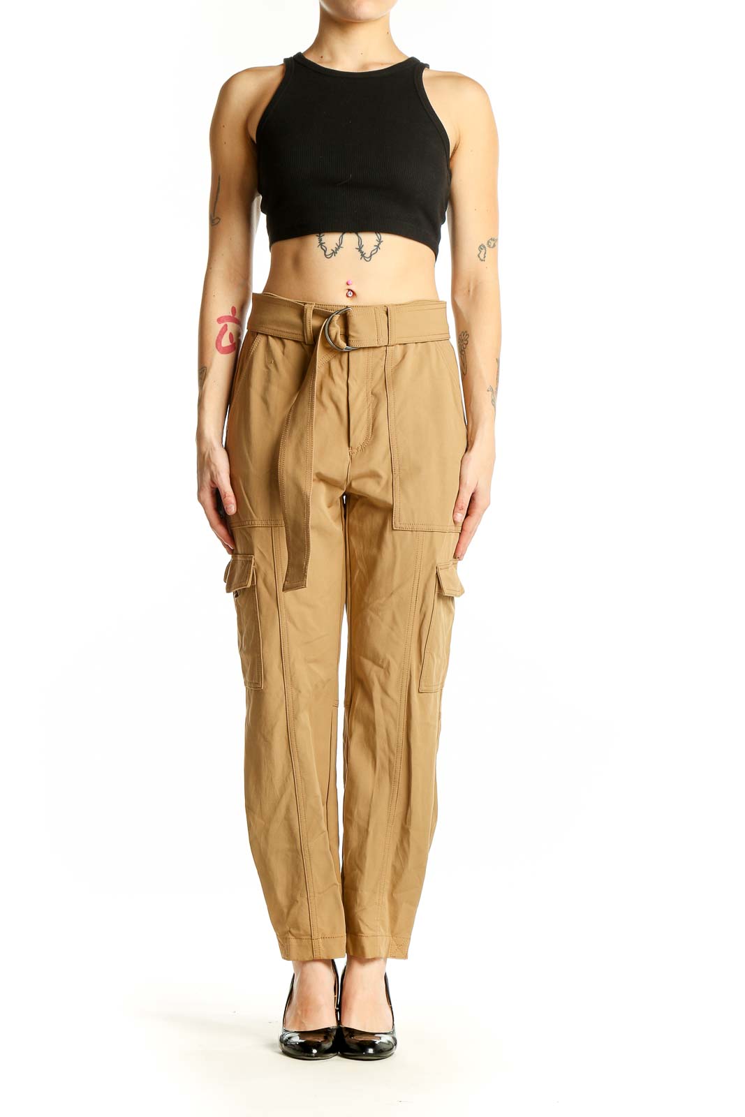 Front view of Banana Republic khaki cargo pants with belted waist