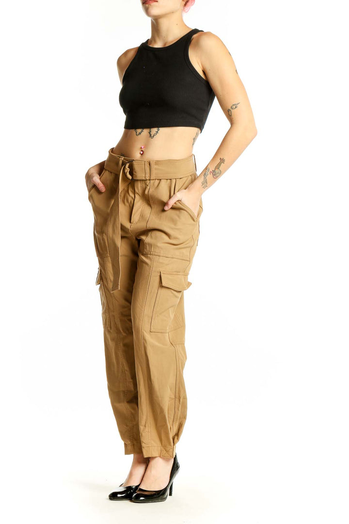 Front view of Banana Republic khaki cargo pants with belted waist