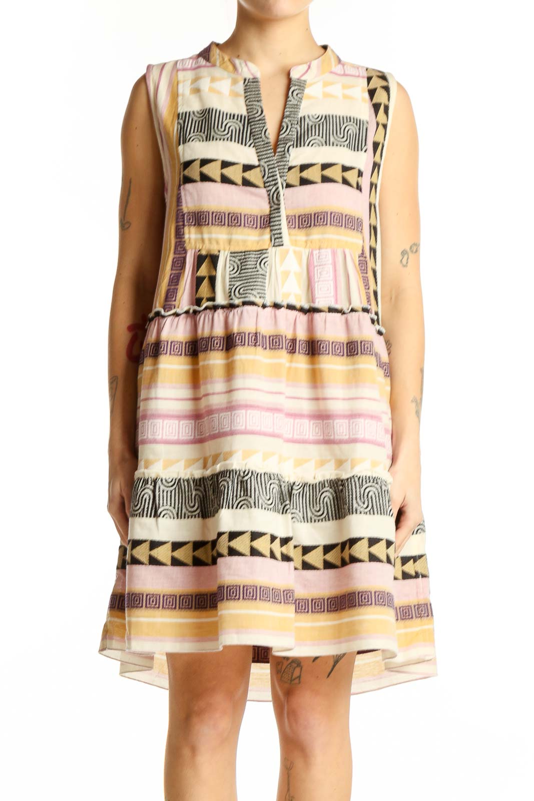 Front view of Elan Multicolor Geometric Print Sleeveless Dress with tiered design