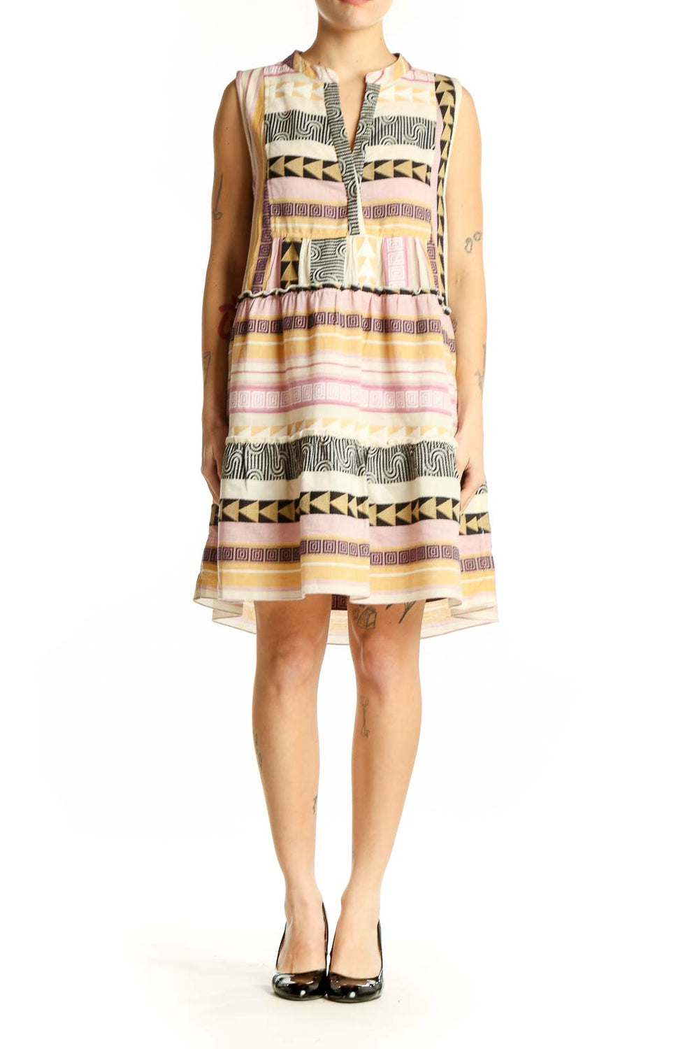 Front view of Elan Multicolor Geometric Print Sleeveless Dress with tiered design