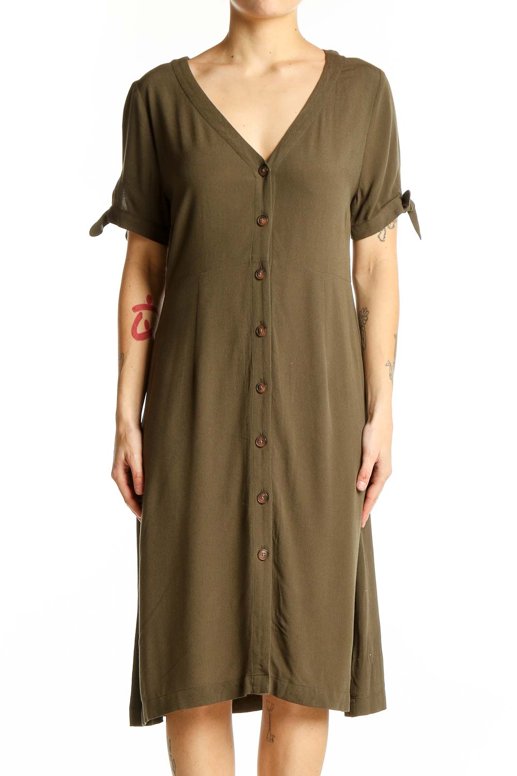 Front view of olive button-front midi dress with tie sleeves