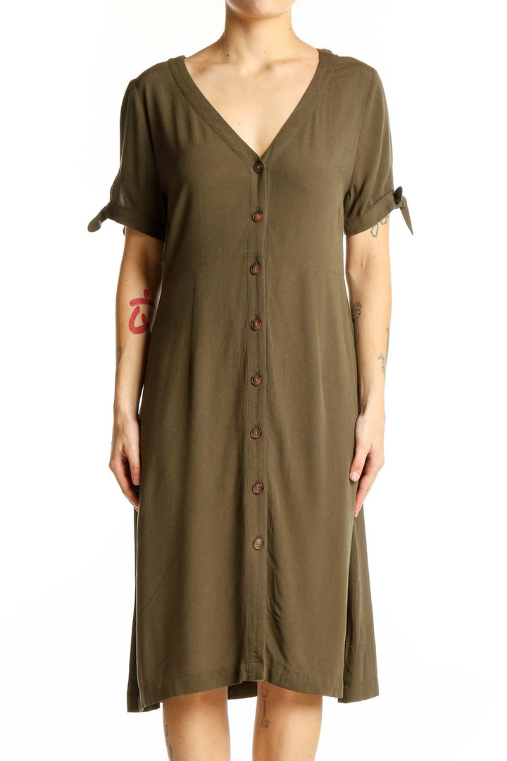 Front view of olive button-front midi dress with tie sleeves