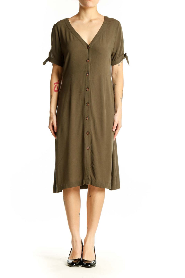 Front view of olive button-front midi dress with tie sleeves