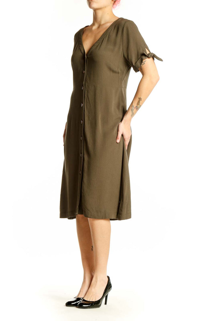 Front view of olive button-front midi dress with tie sleeves