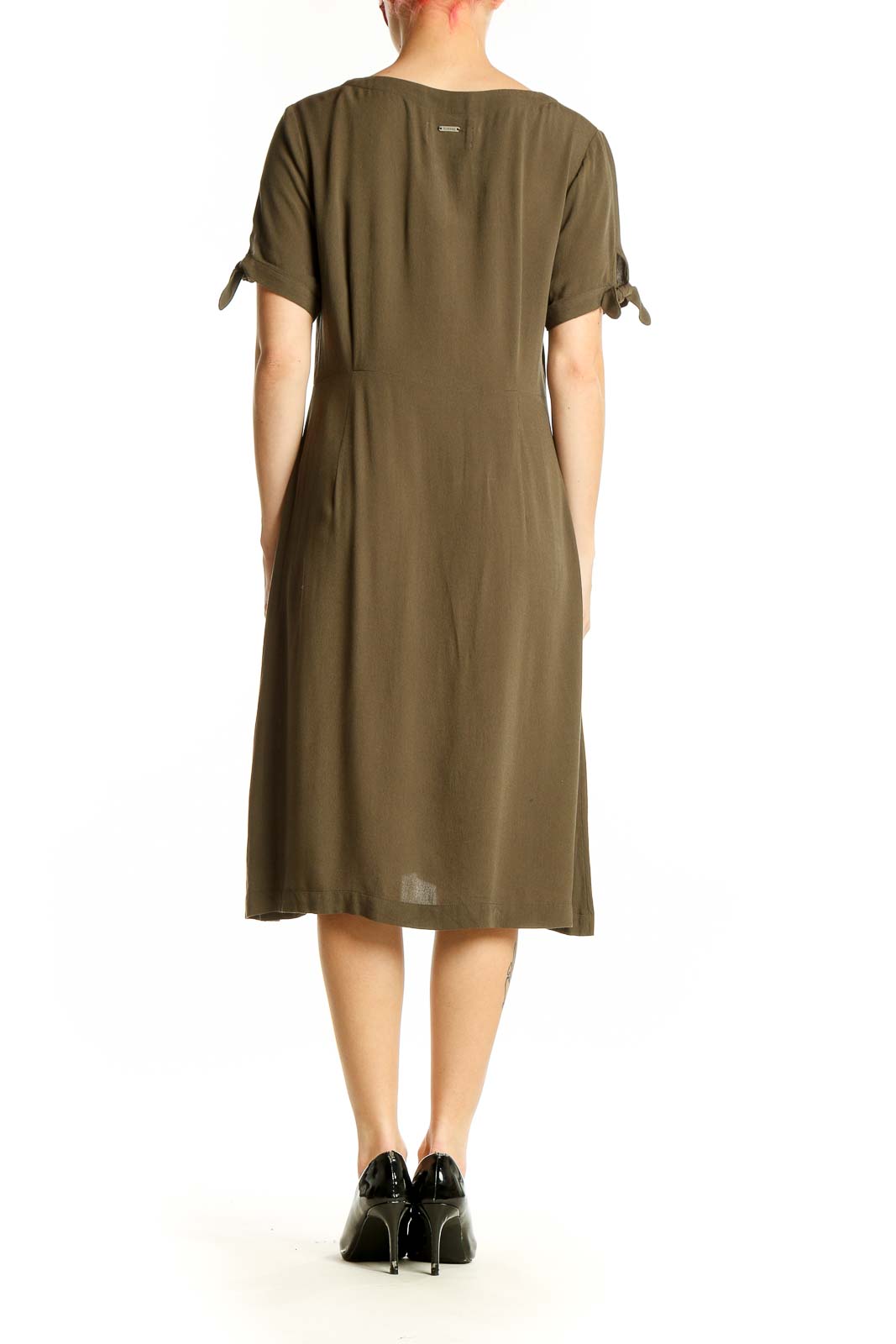 Side view of olive button-front midi dress showing silhouette