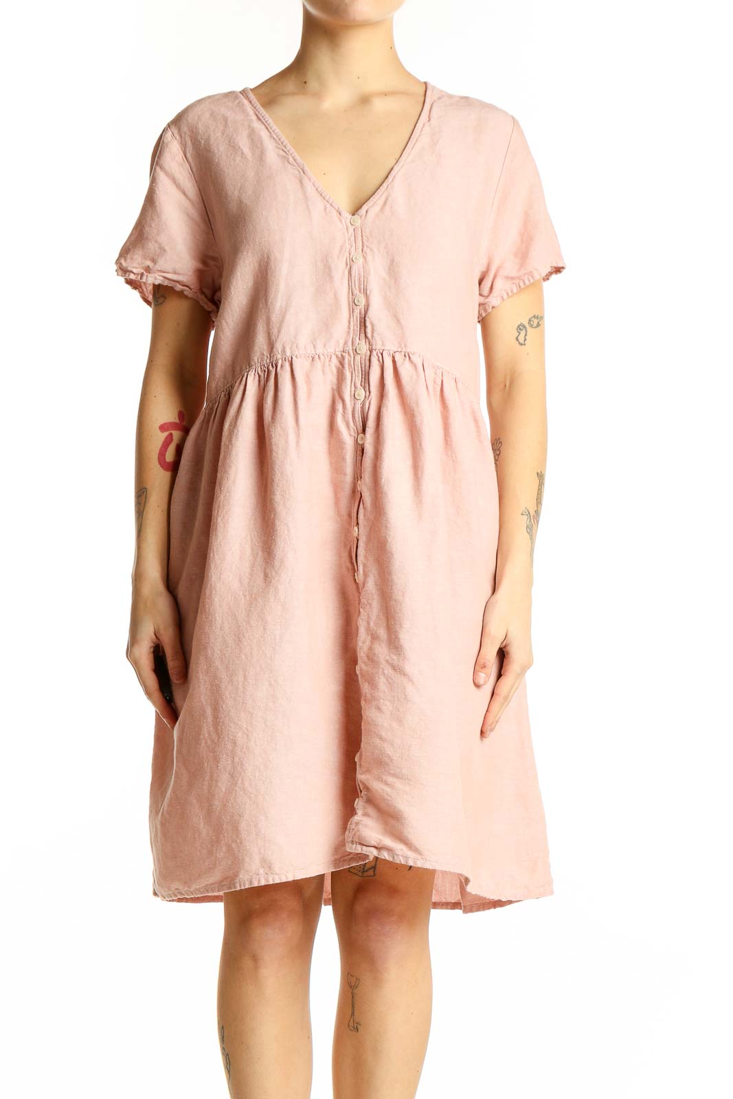 Front view of Madewell blush pink V-neck midi dress with button-down front