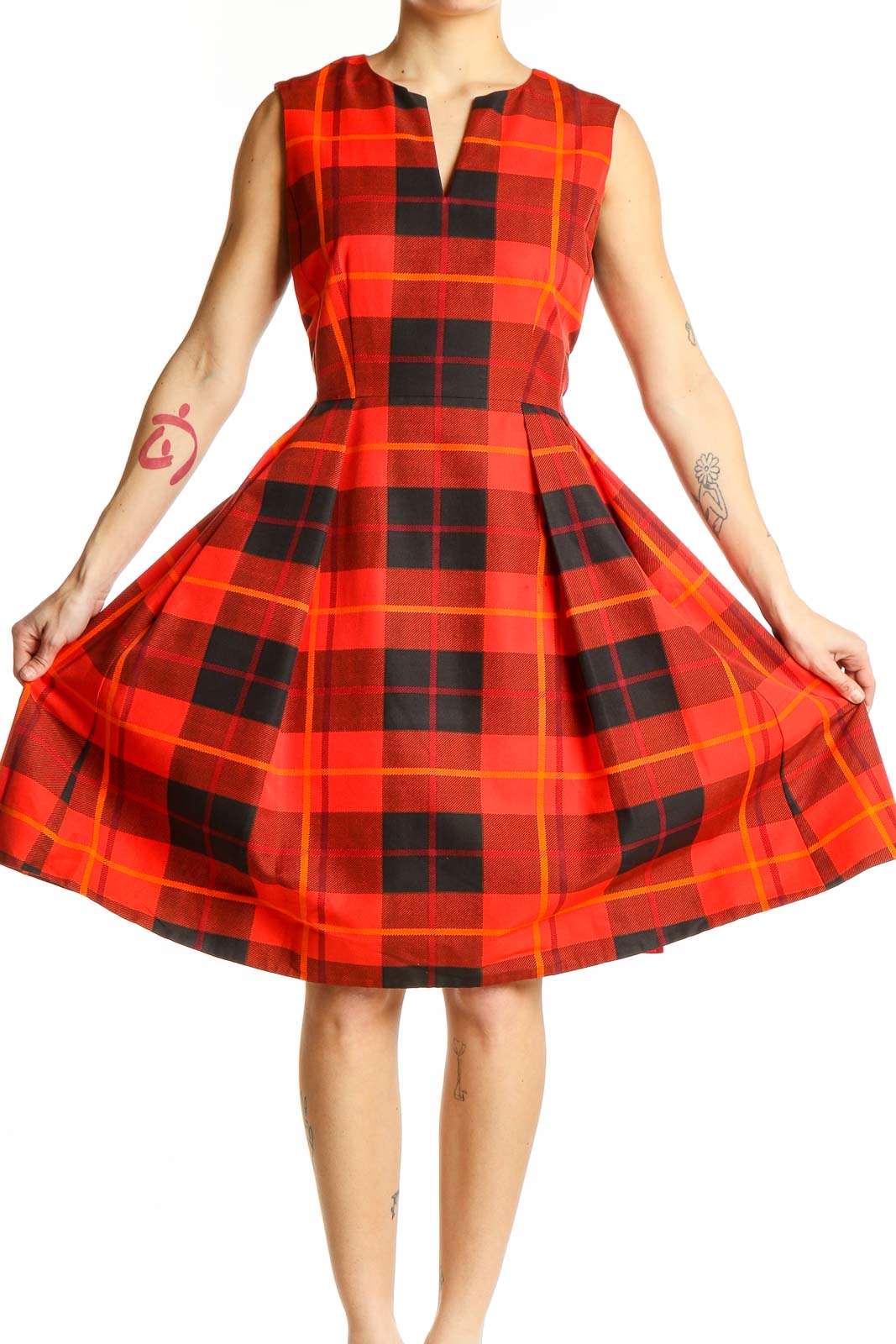 Front view of Kate Spade red plaid sleeveless dress with A-line silhouette