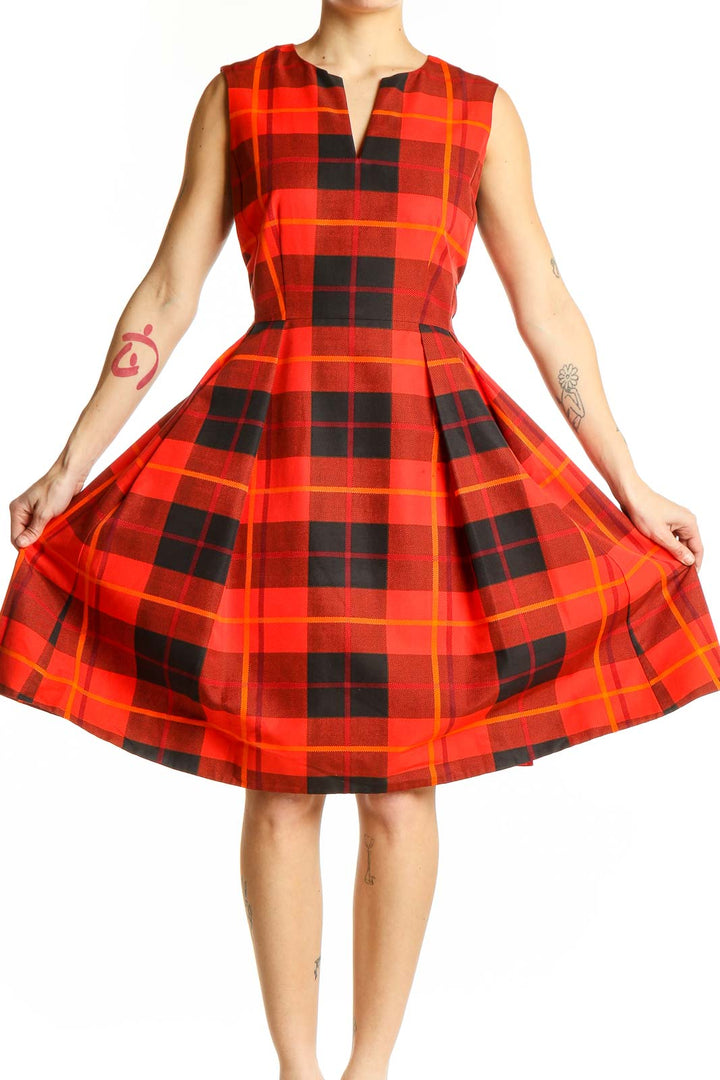 Front view of Kate Spade red plaid sleeveless dress with A-line silhouette