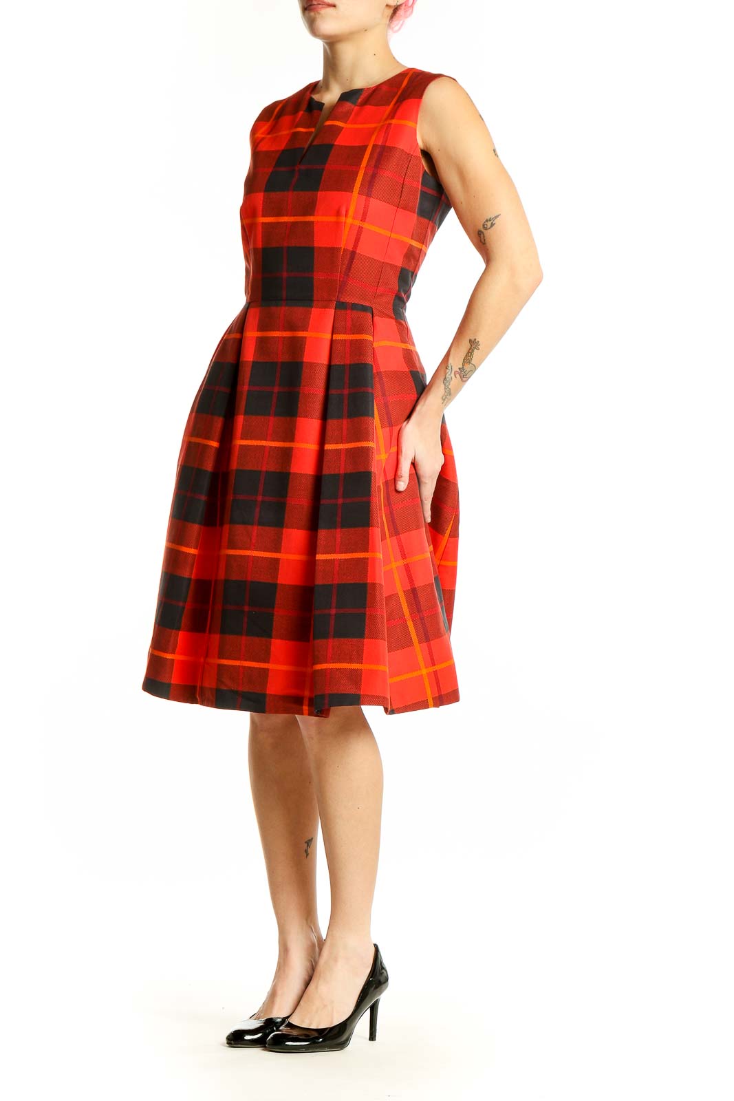Front view of Kate Spade red plaid sleeveless dress with A-line silhouette
