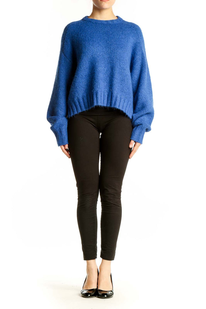 Front view of blue Pistola oversized knit sweater with balloon sleeves