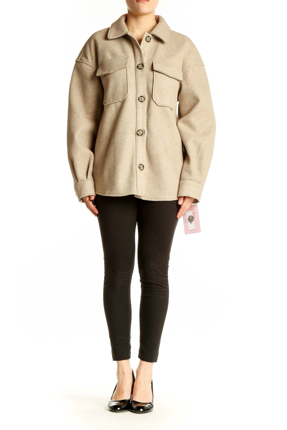 Front view of beige oversized button-up jacket by Avec Les Filles
