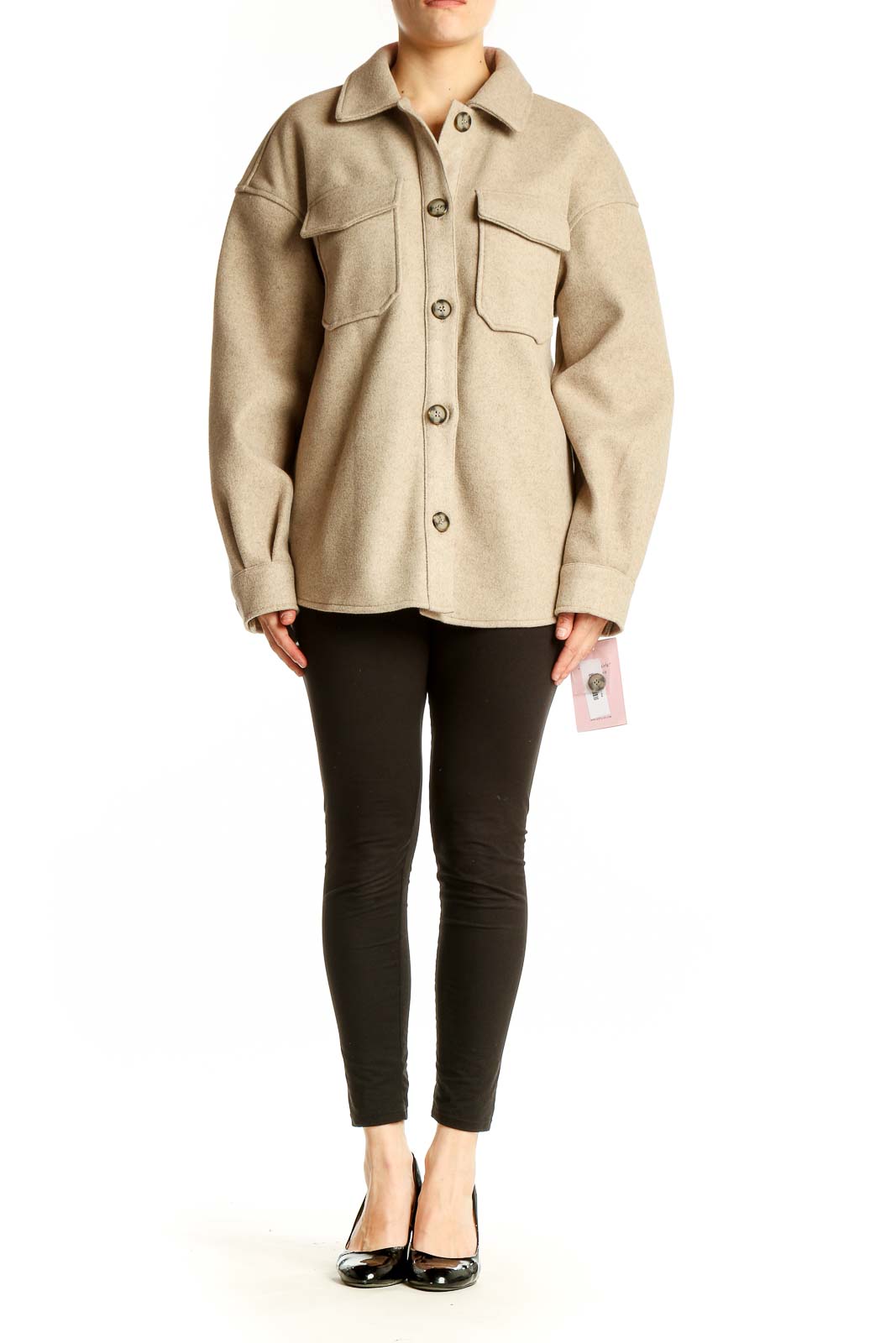 Front view of beige oversized button-up jacket by Avec Les Filles