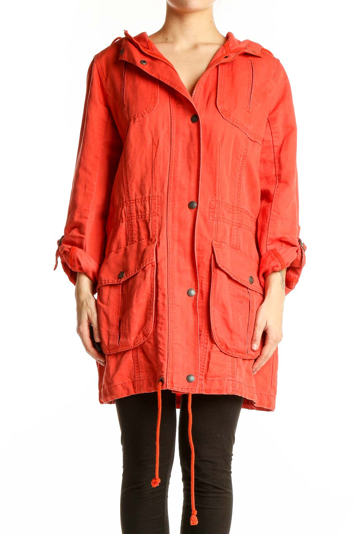 Front view of red Eddie Bauer hooded jacket with button closure
