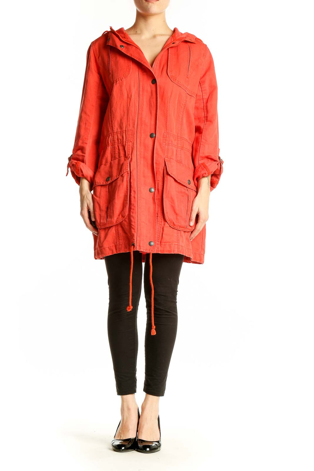 Front view of red Eddie Bauer hooded jacket with button closure