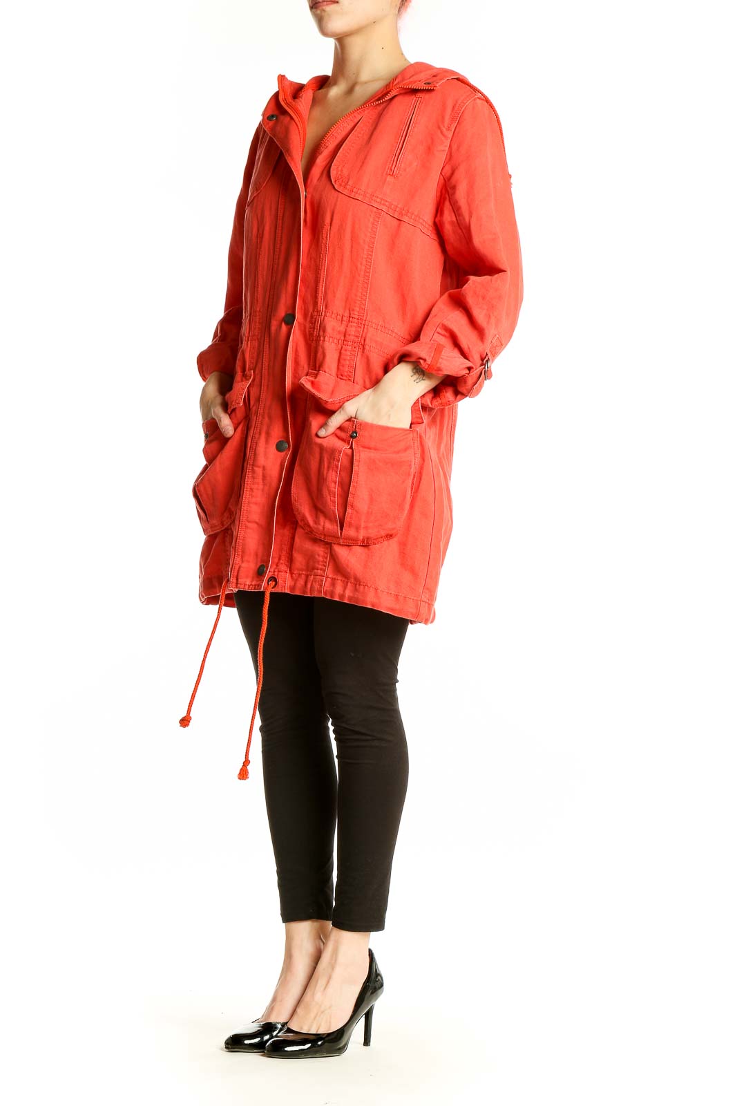 Front view of red Eddie Bauer hooded jacket with button closure
