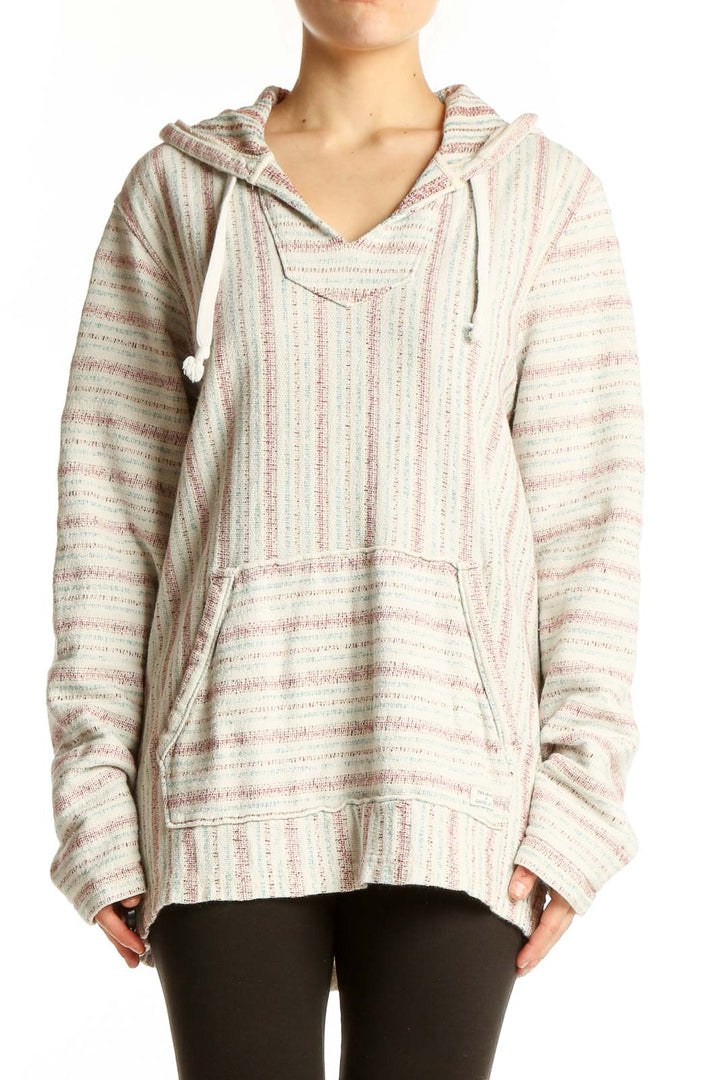 Front view of cream striped hooded knit sweater from Lucky Brand