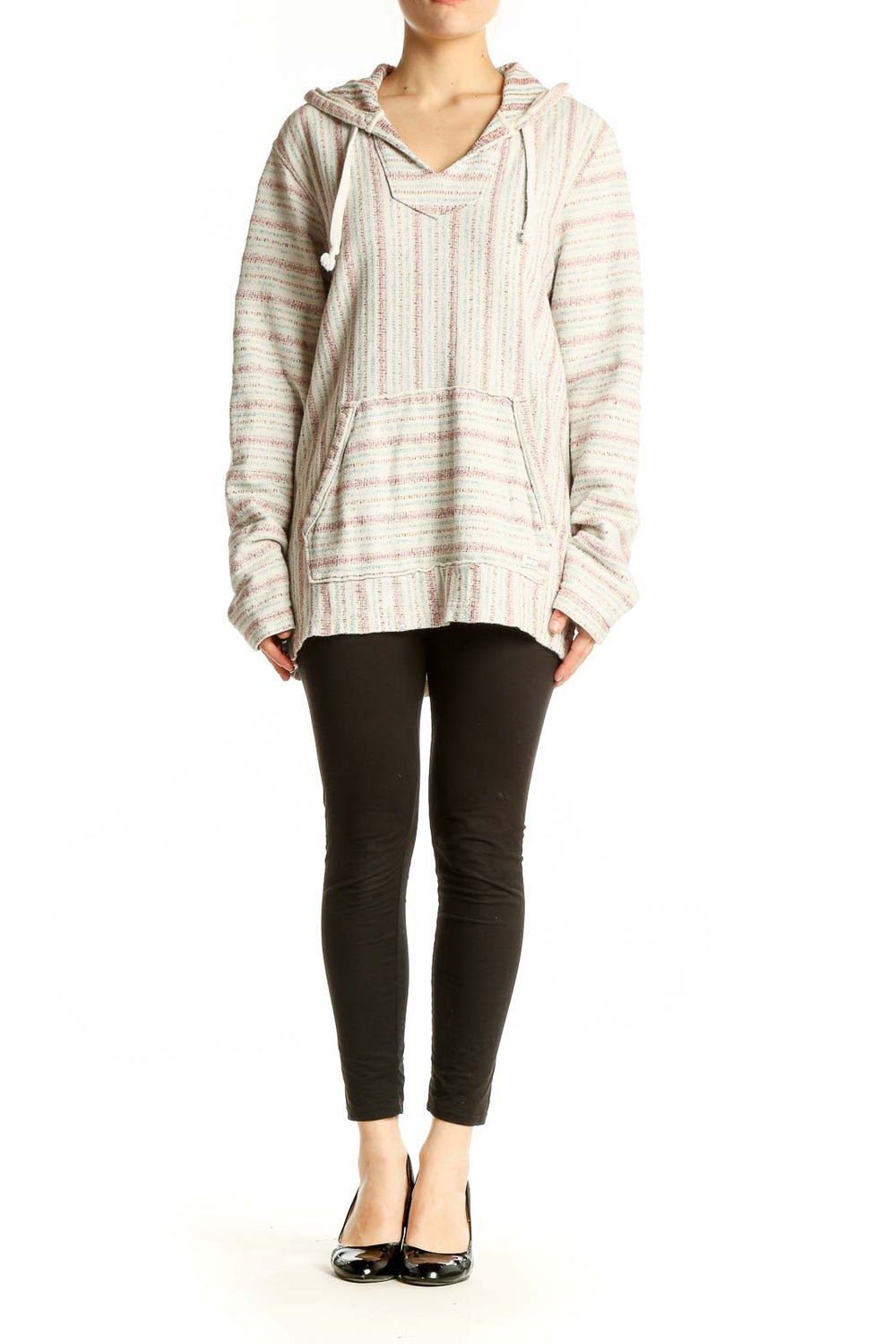 Front view of cream striped hooded knit sweater from Lucky Brand