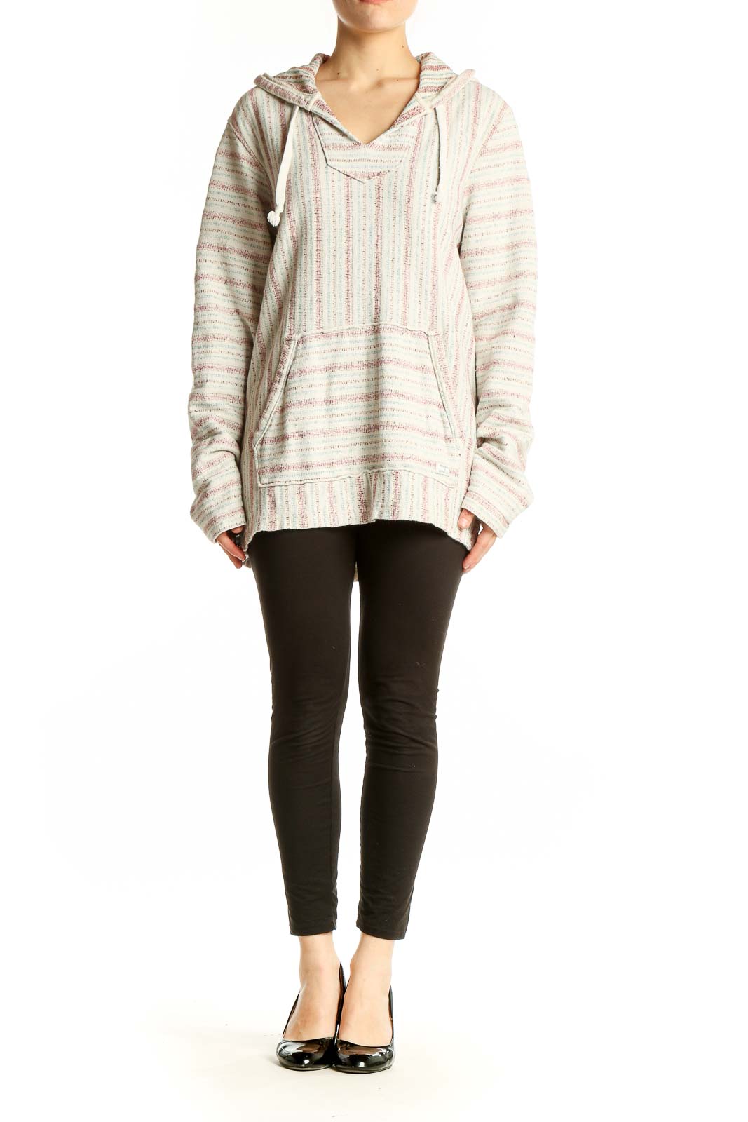 Front view of cream striped hooded knit sweater from Lucky Brand
