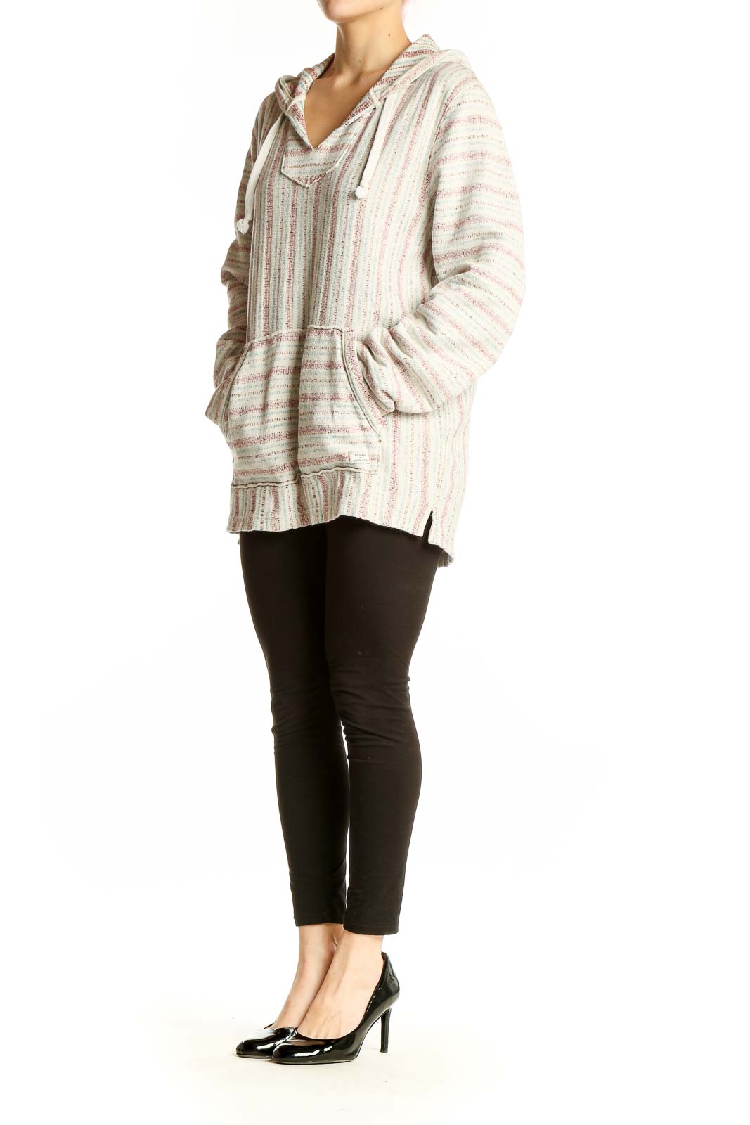 Front view of cream striped hooded knit sweater from Lucky Brand