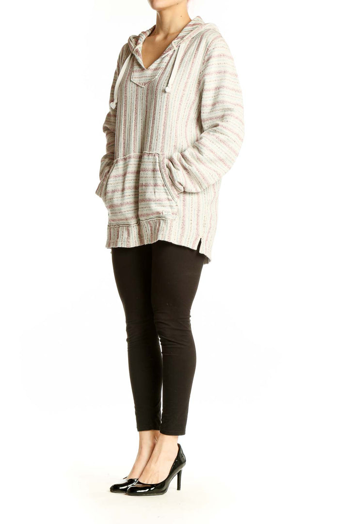 Front view of cream striped hooded knit sweater from Lucky Brand