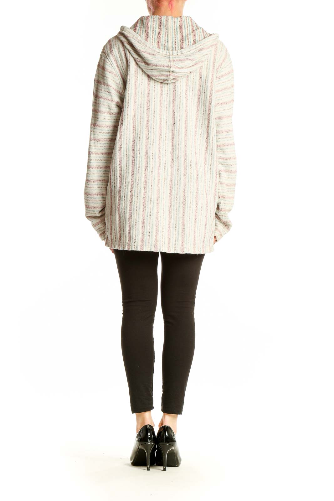 Side view of model wearing cream striped hooded knit sweater from Lucky Brand