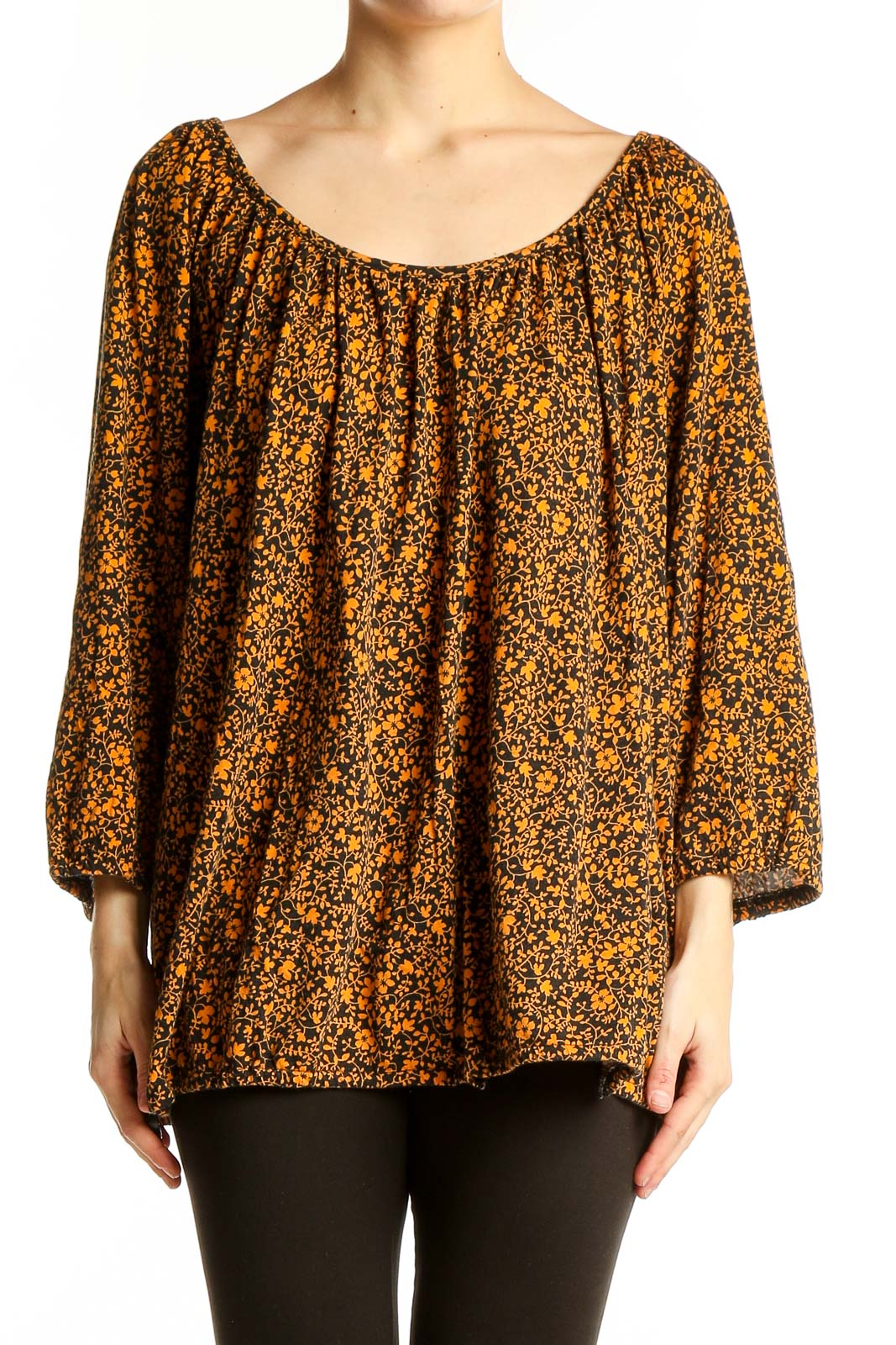 Front view of MICHAEL Michael Kors orange floral print peasant blouse with scoop neckline