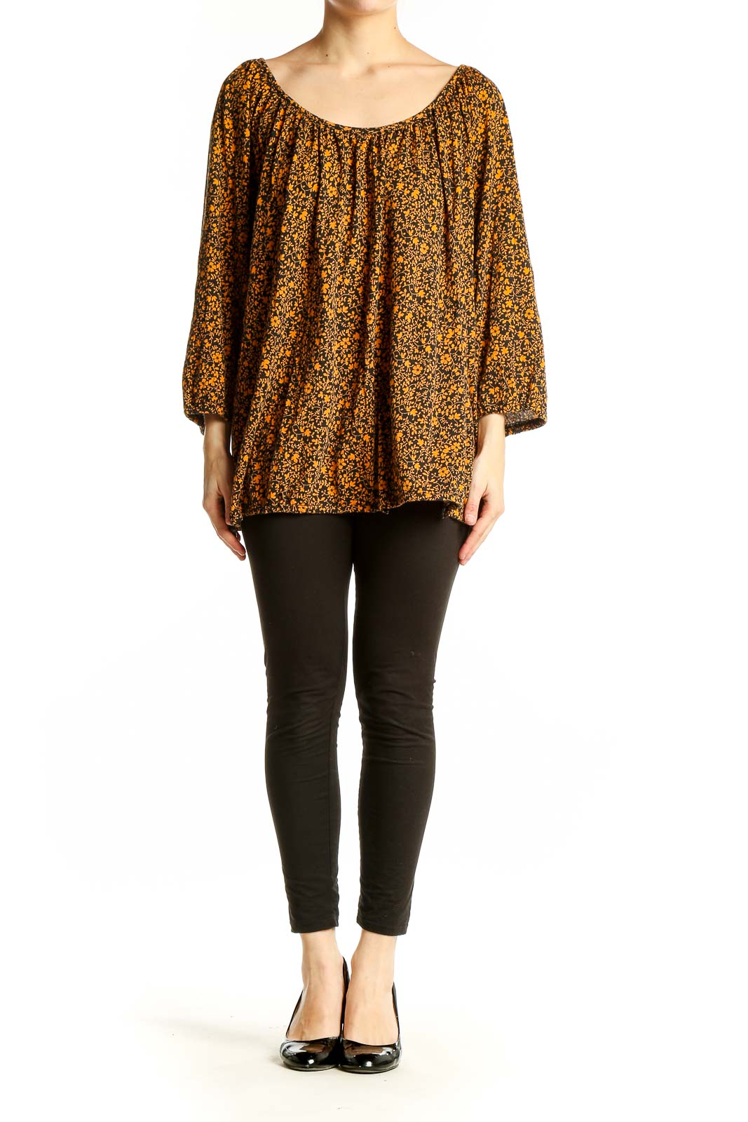 Front view of MICHAEL Michael Kors orange floral print peasant blouse with scoop neckline