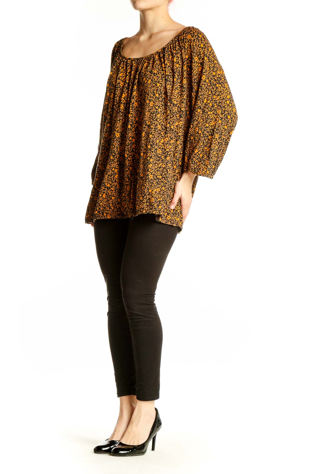 Front view of MICHAEL Michael Kors orange floral print peasant blouse with scoop neckline
