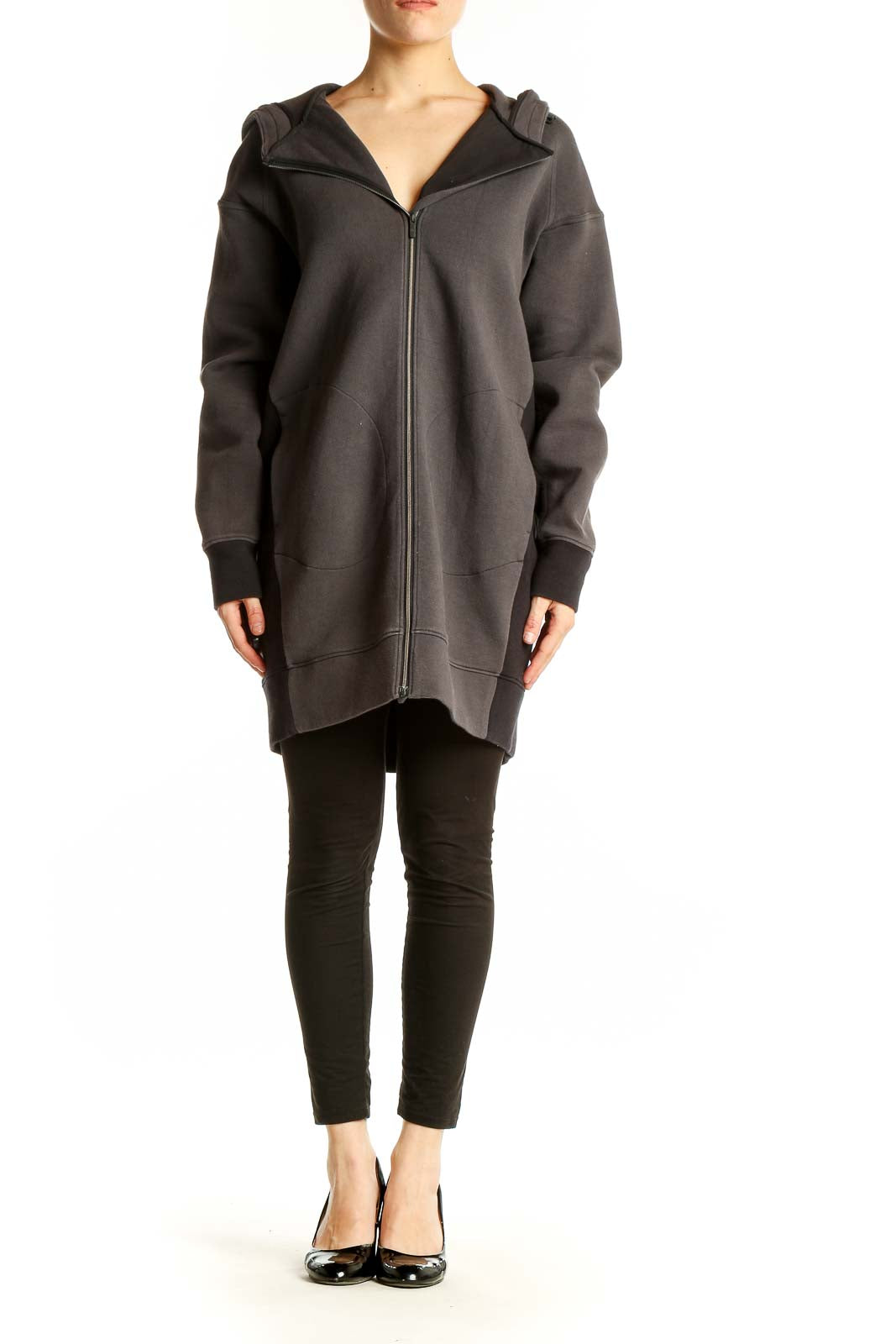 Front view of gray Lululemon oversized hooded zip-up jacket
