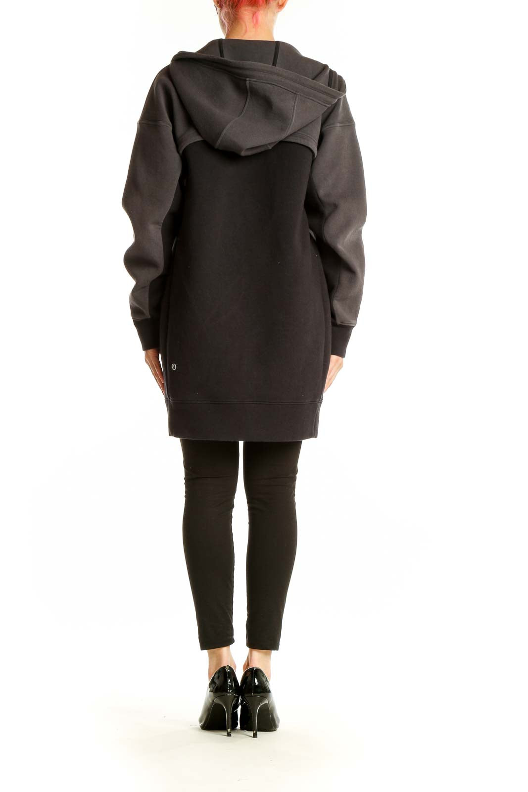 Side view of gray Lululemon oversized hooded zip-up jacket on model