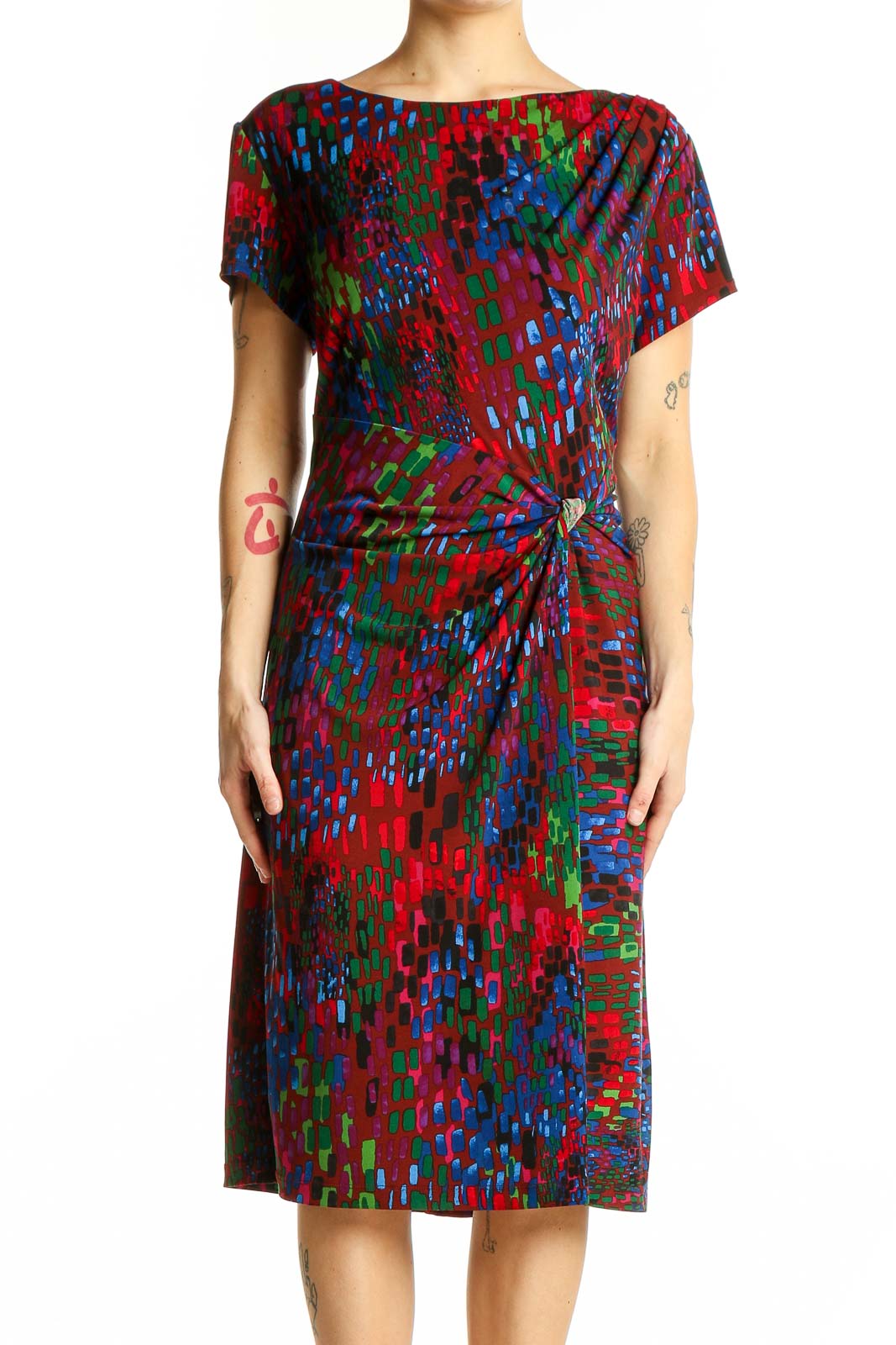 Ellen Tracy Multicolor Abstract Print Twist-Front Dress