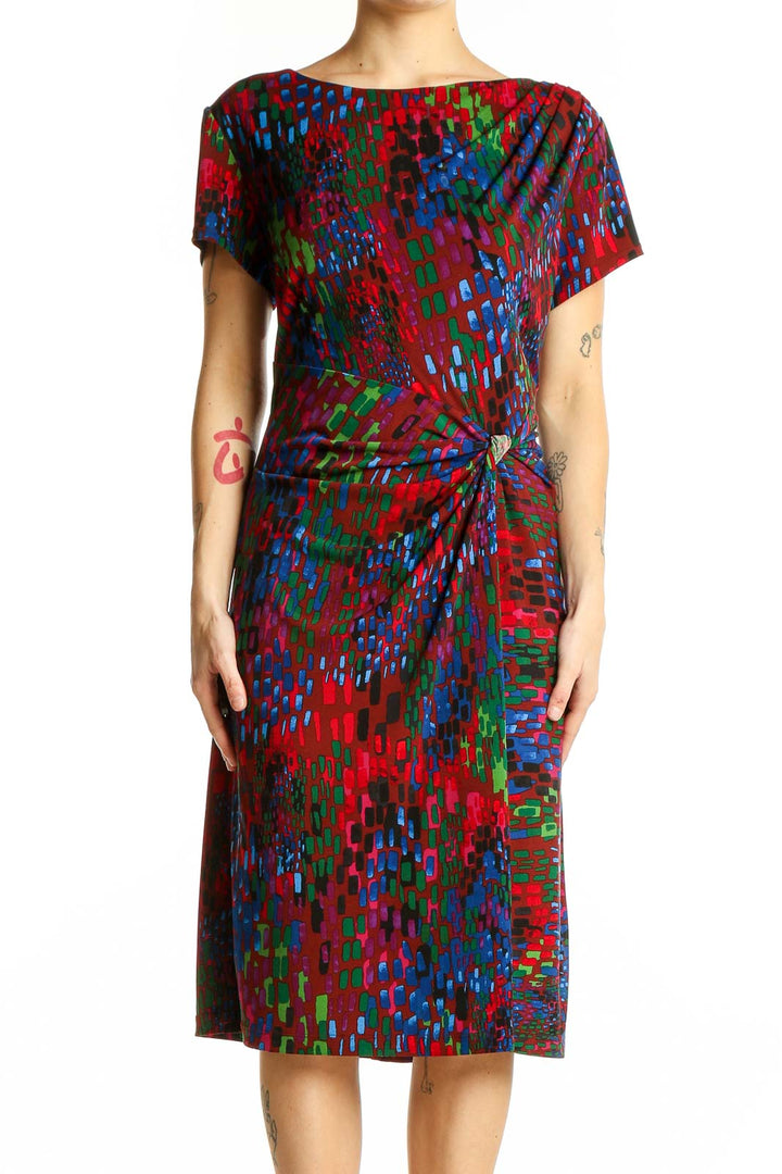 Front view of Ellen Tracy multicolor abstract print dress with twist-front detail