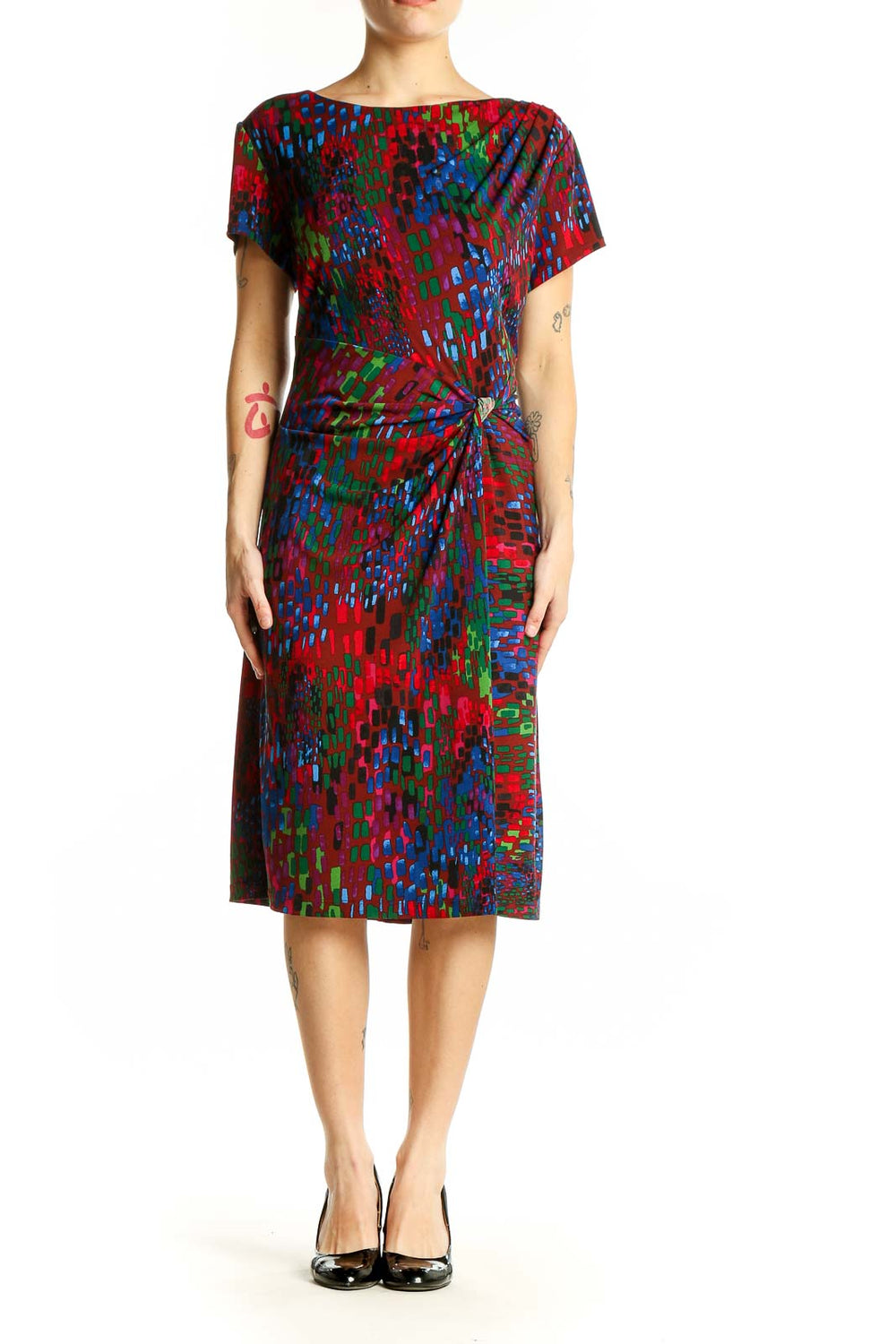 Front view of Ellen Tracy multicolor abstract print dress with twist-front detail