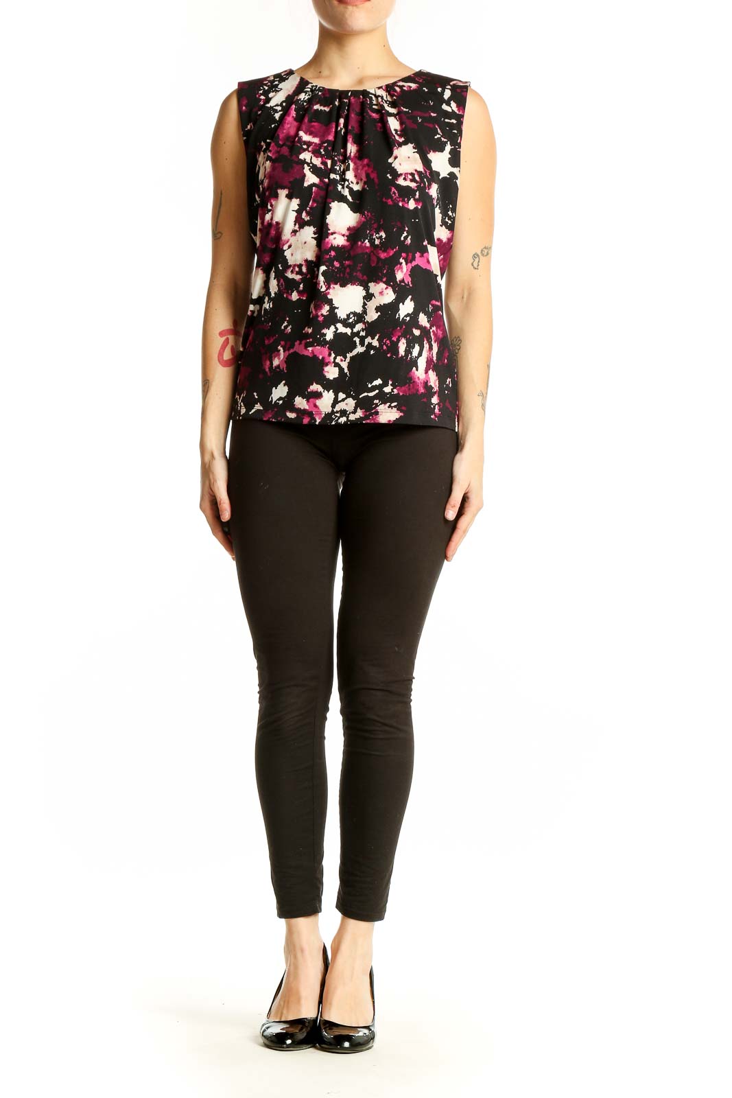 Front view of Calvin Klein sleeveless top with black, pink, and white abstract print